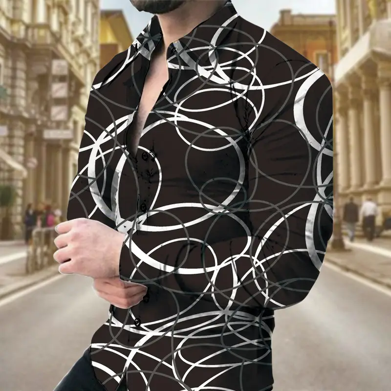 Men's Long Sleeve Geometric Print Shirt Blue - Image 2