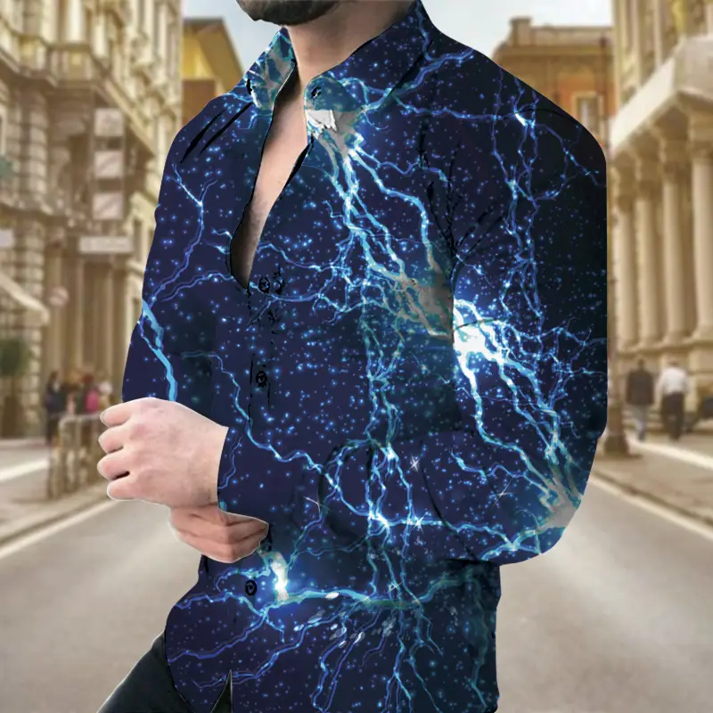 Men's Long Sleeve Geometric Print Shirt Blue - Image 3