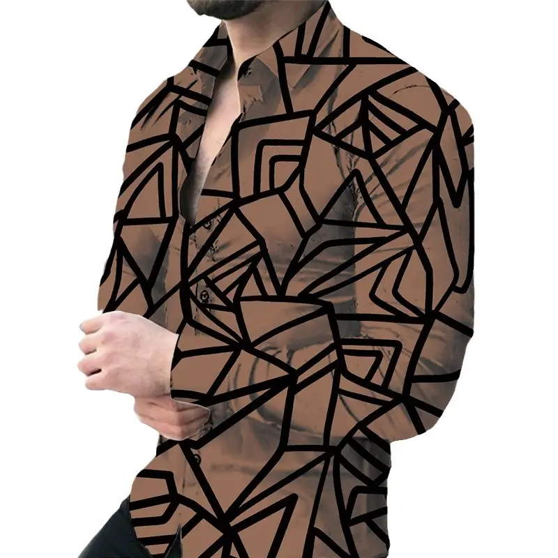 Men's Long Sleeve Geometric Print Shirt Blue - Image 39