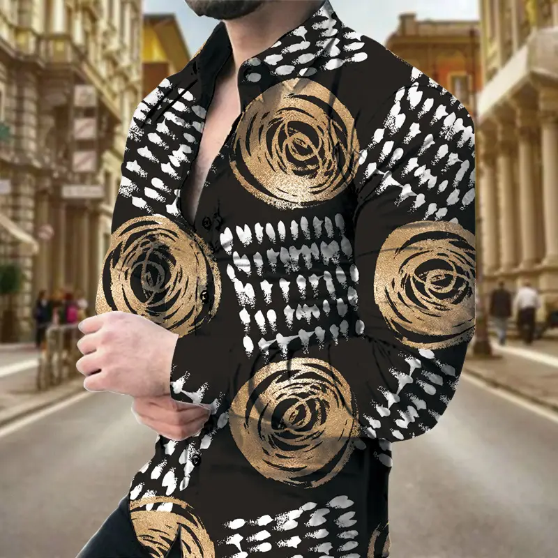 Men's Long Sleeve Geometric Print Shirt Blue - Image 9