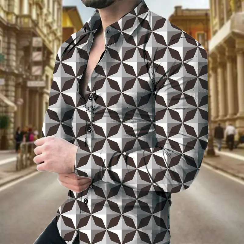 Men's Long Sleeve Geometric Print Shirt Blue - Image 10