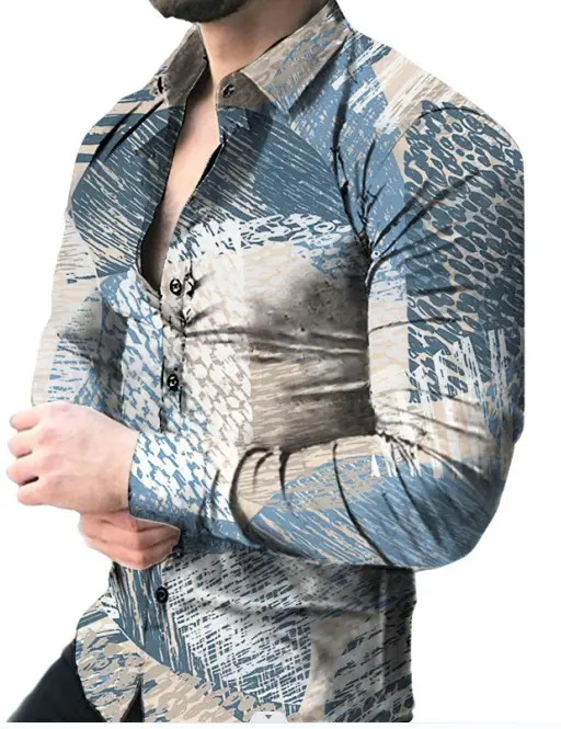 Men's Long Sleeve Geometric Print Shirt Blue - Image 18