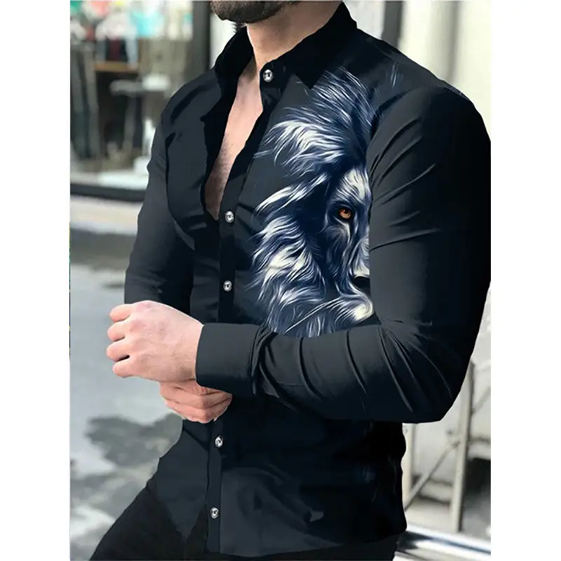 Men's Long Sleeve Geometric Print Shirt Blue - Image 28