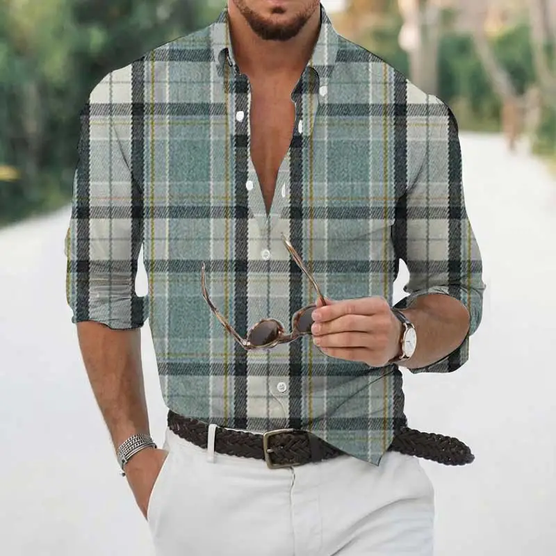 Men's Long Sleeve Geometric Print Shirt Blue - Image 30