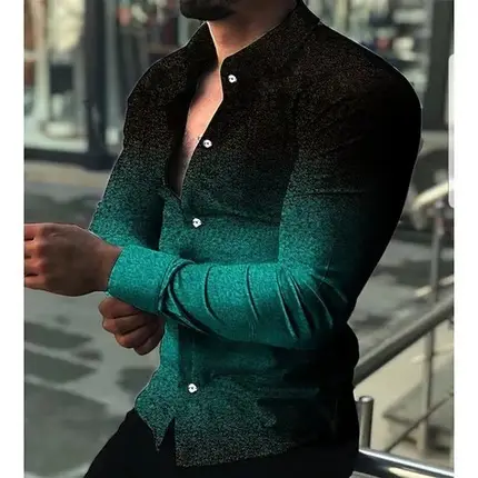 Men's Long Sleeve Geometric Print Shirt Blue - Image 32