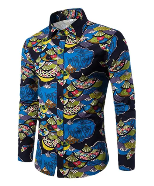 Men's Long Sleeve Geometric Print Shirt Blue - Image 33