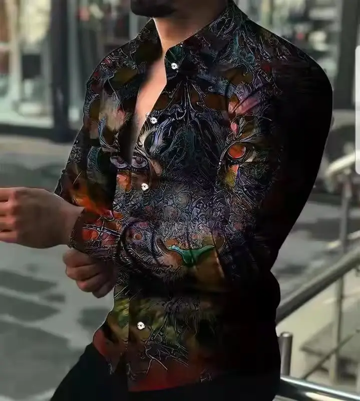 Men's Long Sleeve Geometric Print Shirt Blue - Image 34