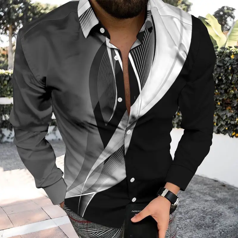 Men's Long Sleeve Geometric Print Shirt Blue - Image 36