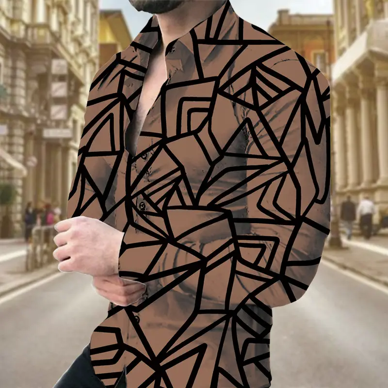 Men's Long Sleeve Geometric Print Shirt Blue - Image 4