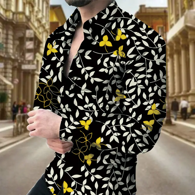 Men's Long Sleeve Geometric Print Shirt Blue - Image 7