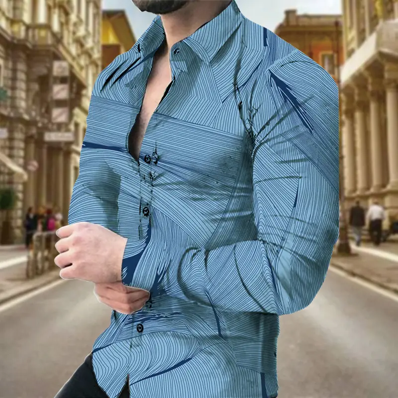 Men's Long Sleeve Geometric Print Shirt Blue - Image 8