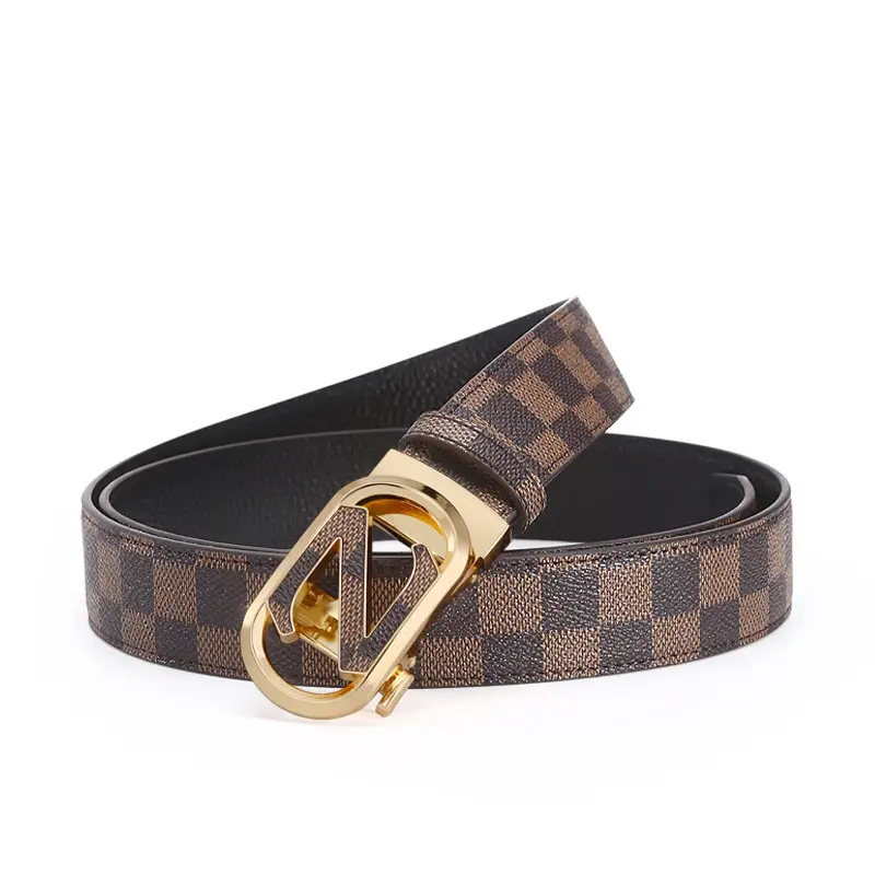 New Men's LV Check Belt with Gold Buckle
