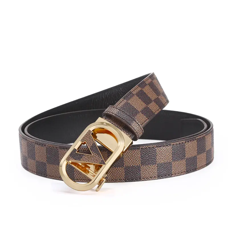 New Men's LV Check Belt with Gold Buckle - Image 3