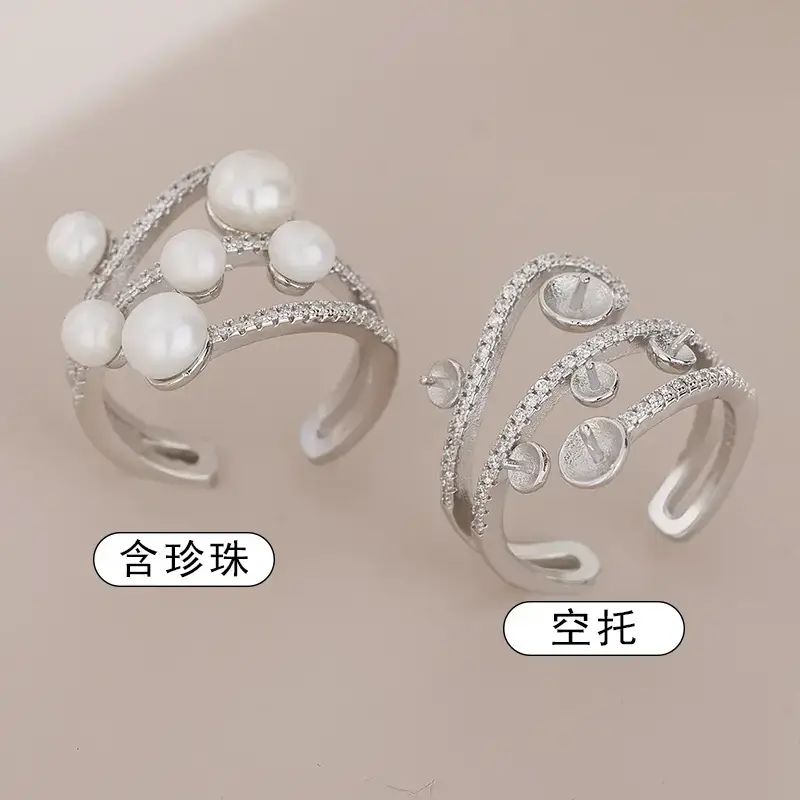 Silver Cross-Carved Pearl Ring with Crystal Accents