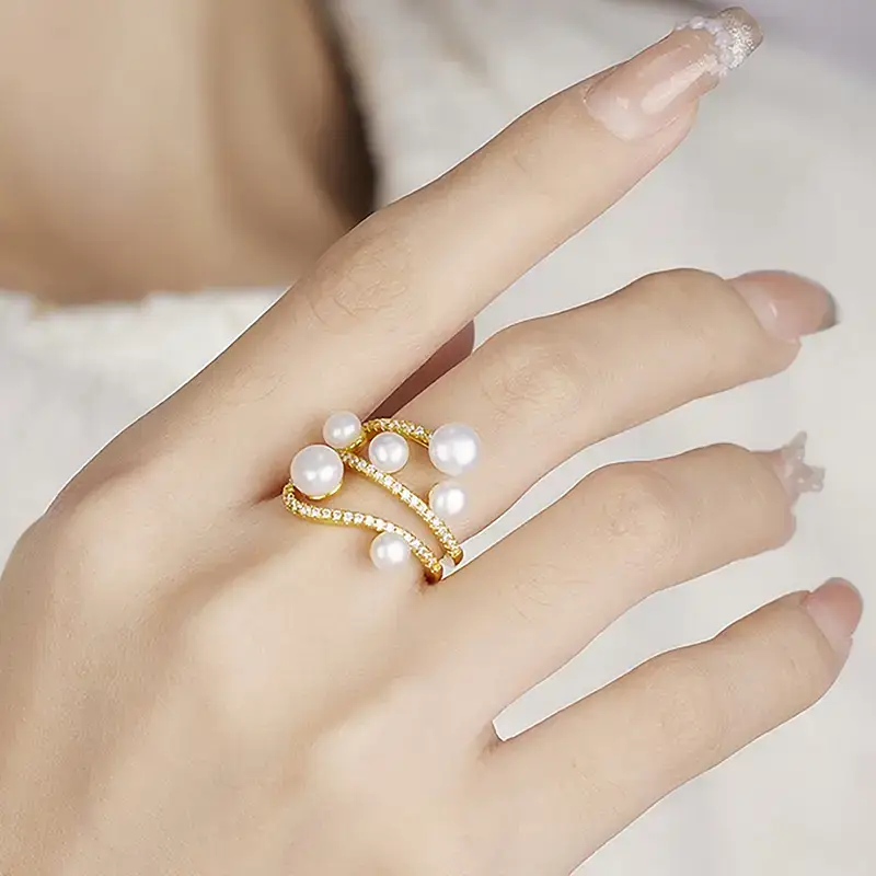 Silver Cross-Carved Pearl Ring with Crystal Accents