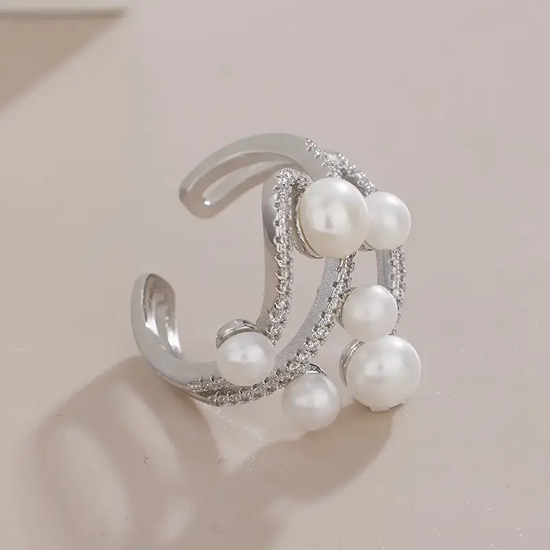 Silver Cross-Carved Pearl Ring with Crystal Accents