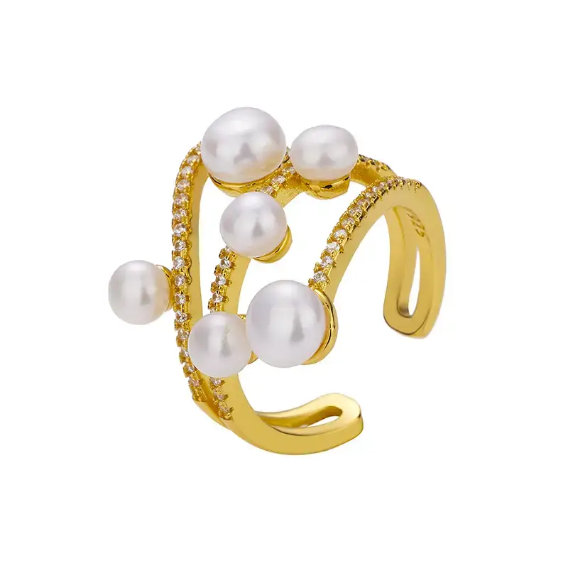 Silver Cross-Carved Pearl Ring with Crystal Accents