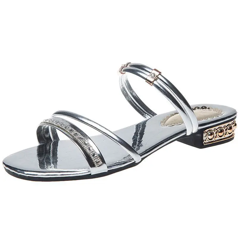 Double Wear High-end Sandals Women's Summer Outer Wear 2023 New Korean Style All-match Fashion Women's Low Heel plus size Rhinestone Sandals - Image 8