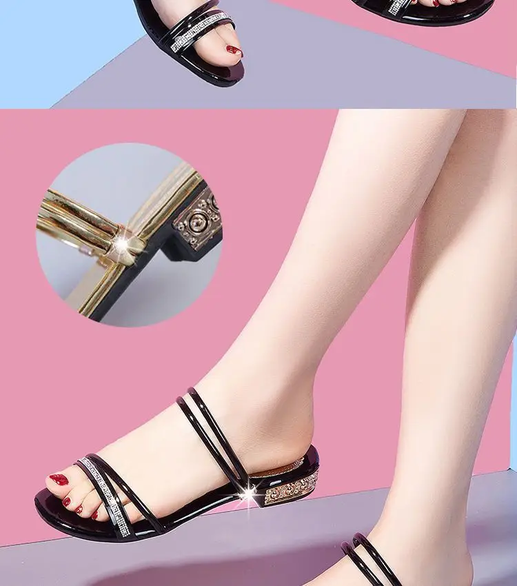 Double Wear High-end Sandals Women's Summer Outer Wear 2023 New Korean Style All-match Fashion Women's Low Heel plus size Rhinestone Sandals — feature 3