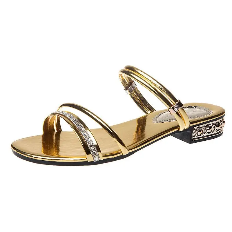 Double Wear High-end Sandals Women's Summer Outer Wear 2023 New Korean Style All-match Fashion Women's Low Heel plus size Rhinestone Sandals - Image 2