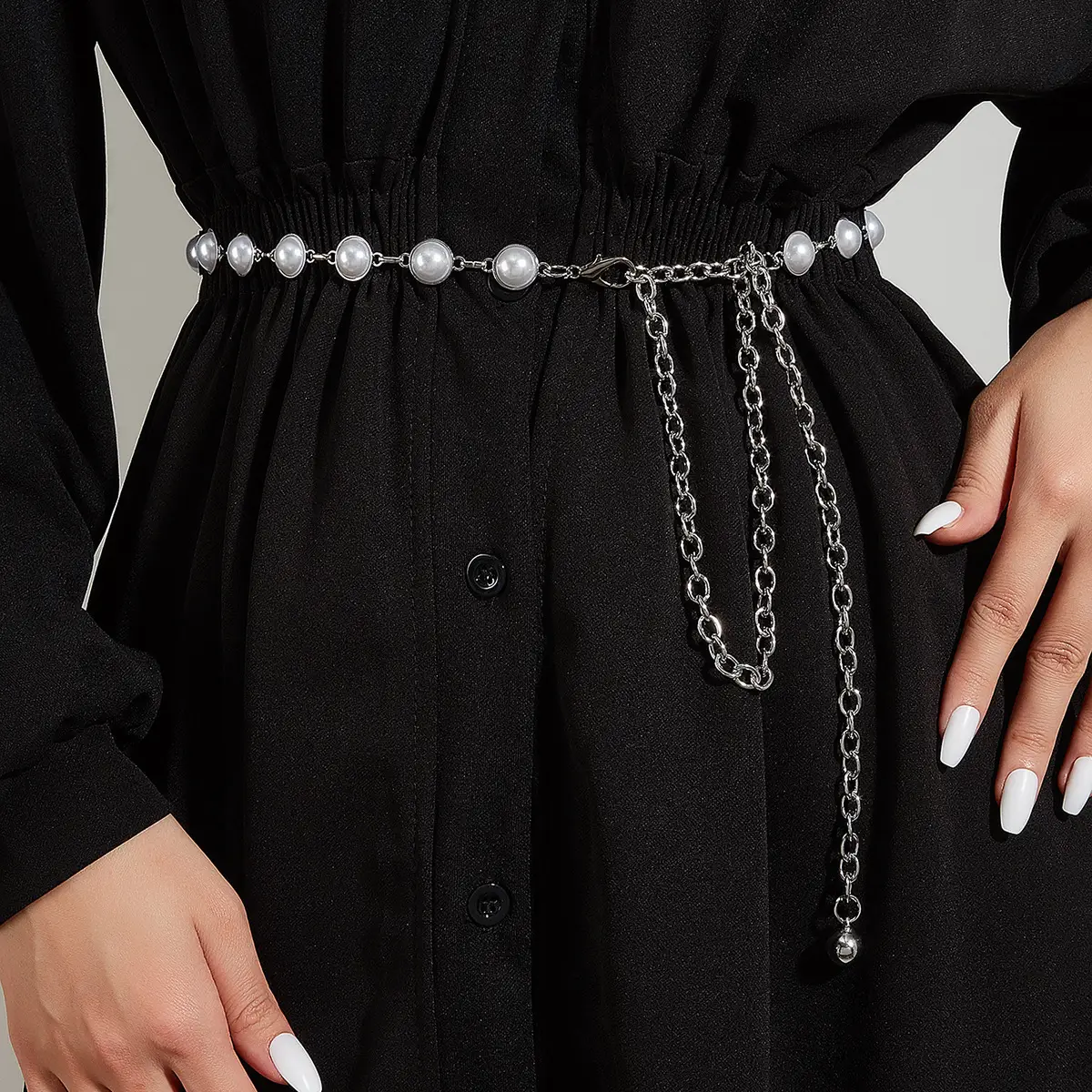 Black Rhinestone Waist Belt with Chain Decor - Image 2