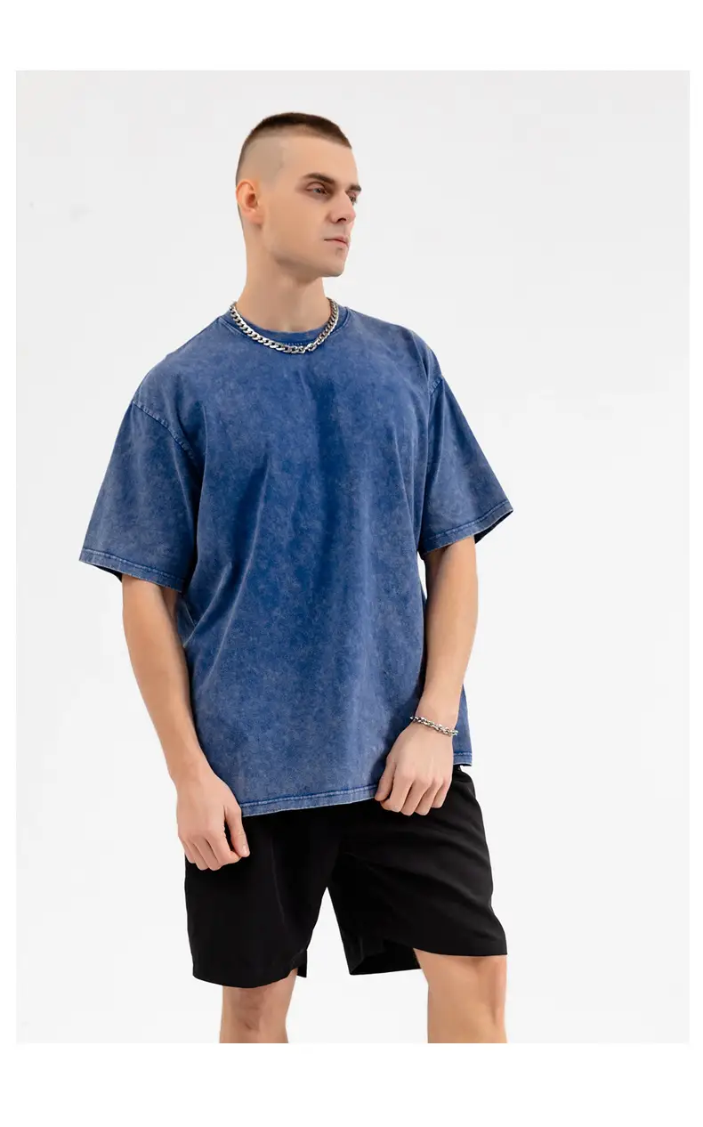 Men Vintage Washed T-Shirt Blue Cotton Plus Size — feature 14