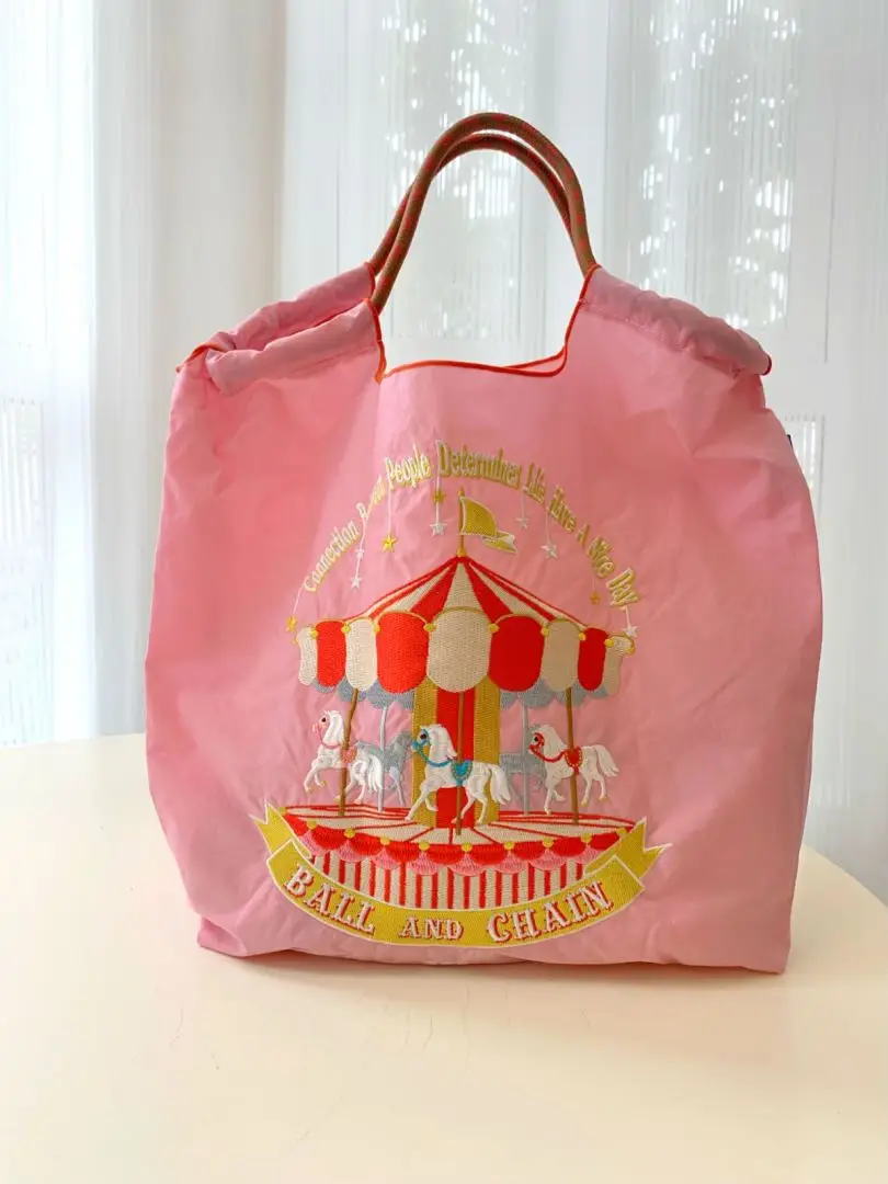 Pink Carousel Horse Embroidery Tote Bag