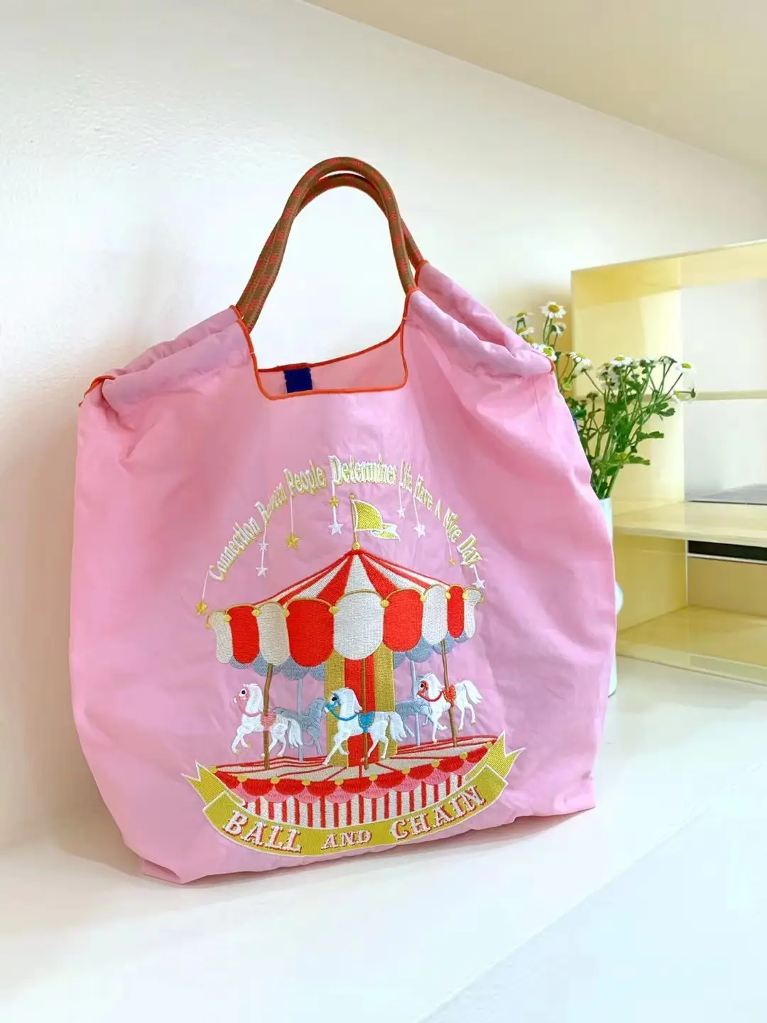Pink Carousel Horse Embroidery Tote Bag