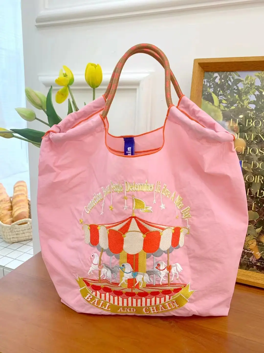 Pink Carousel Horse Embroidery Tote Bag - Image 4