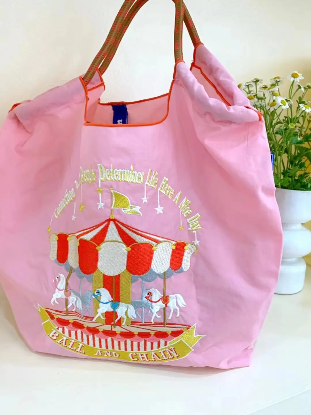 Pink Carousel Horse Embroidery Tote Bag