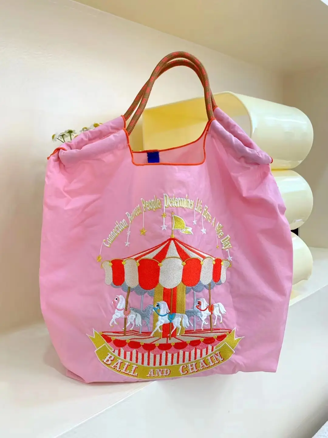 Pink Carousel Horse Embroidery Tote Bag