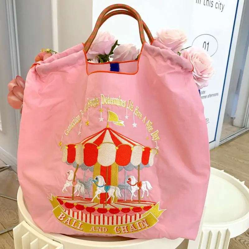 Pink Carousel Horse Embroidery Tote Bag — feature 4