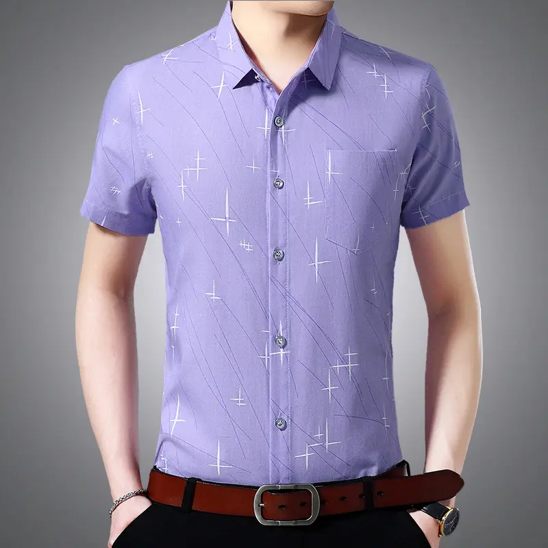 Men's Blue Cross Print Lapel Shirt Short Sleeve Casual