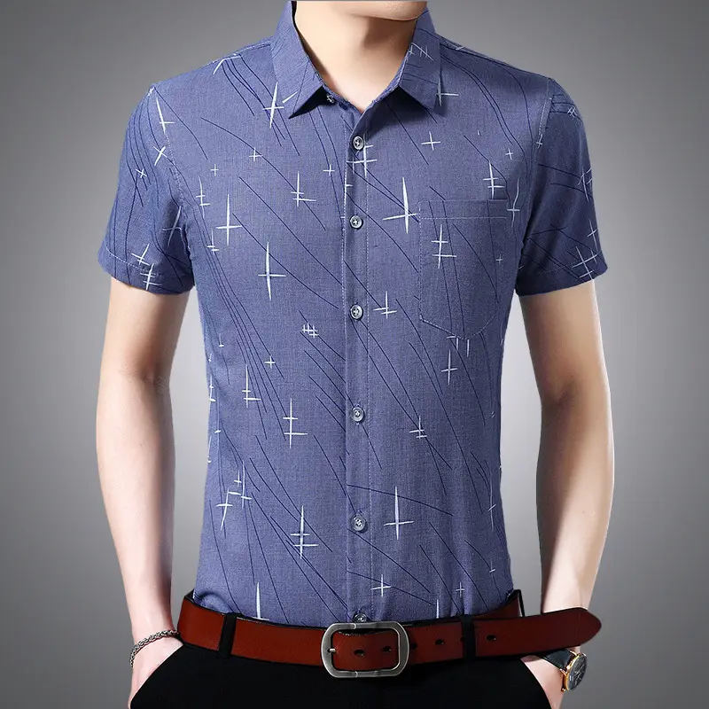 Men's Blue Cross Print Lapel Shirt Short Sleeve Casual