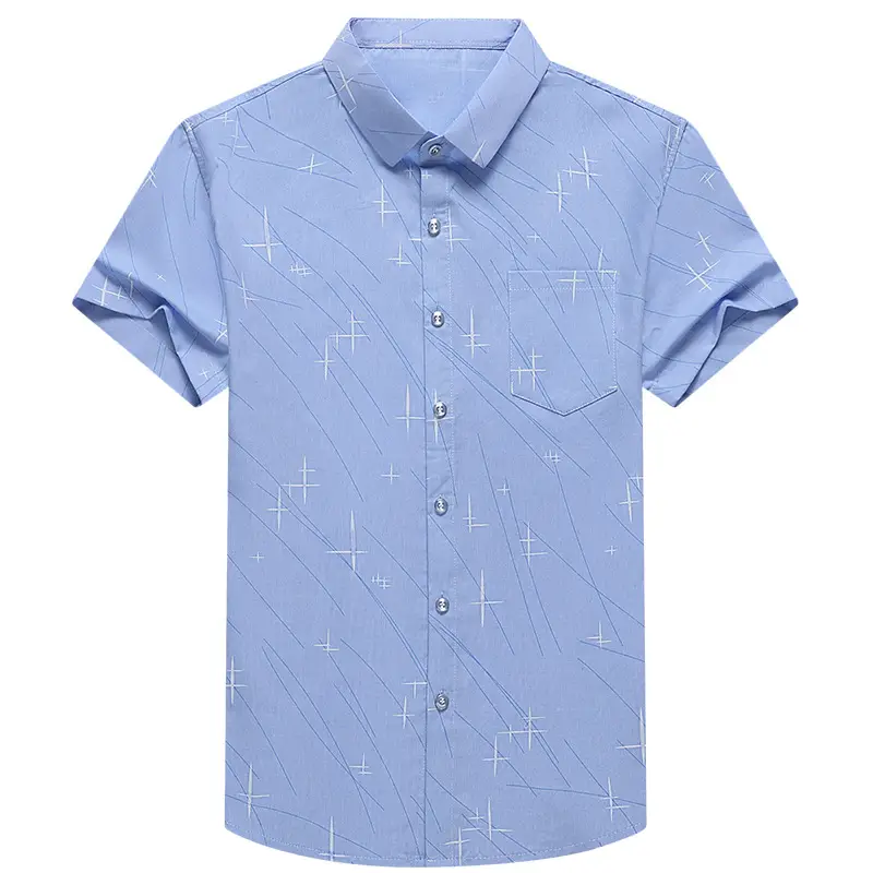 Men's Blue Cross Print Lapel Shirt Short Sleeve Casual