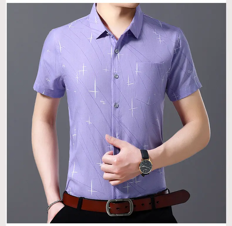 Men's Blue Cross Print Lapel Shirt Short Sleeve Casual — feature 10