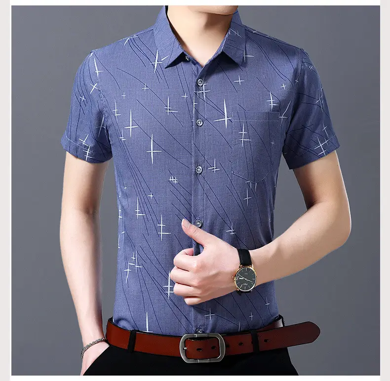 Men's Blue Cross Print Lapel Shirt Short Sleeve Casual — feature 12