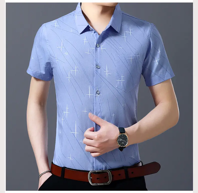 Men's Blue Cross Print Lapel Shirt Short Sleeve Casual — feature 14