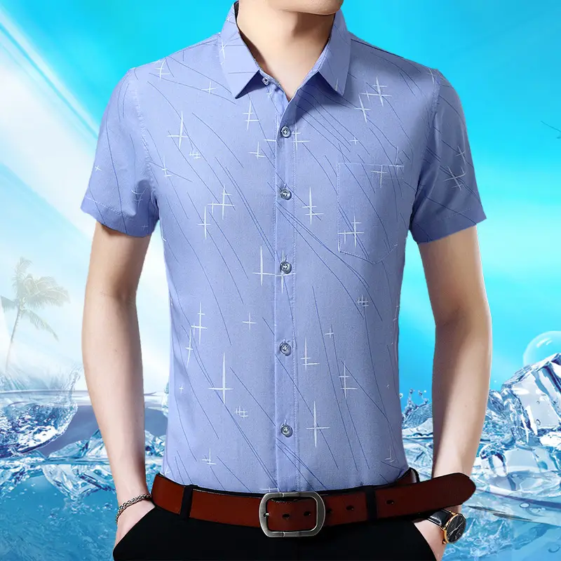 Men's Blue Cross Print Lapel Shirt Short Sleeve Casual — feature 3