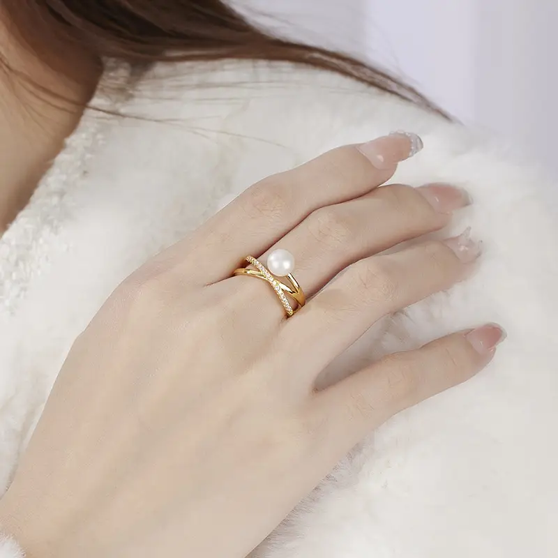 Gold Pearl Ring for Women White Wedding Style - Image 3