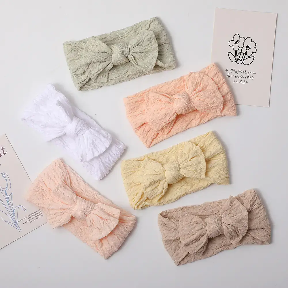 Beige Bow Baby Headband with Lace Trim