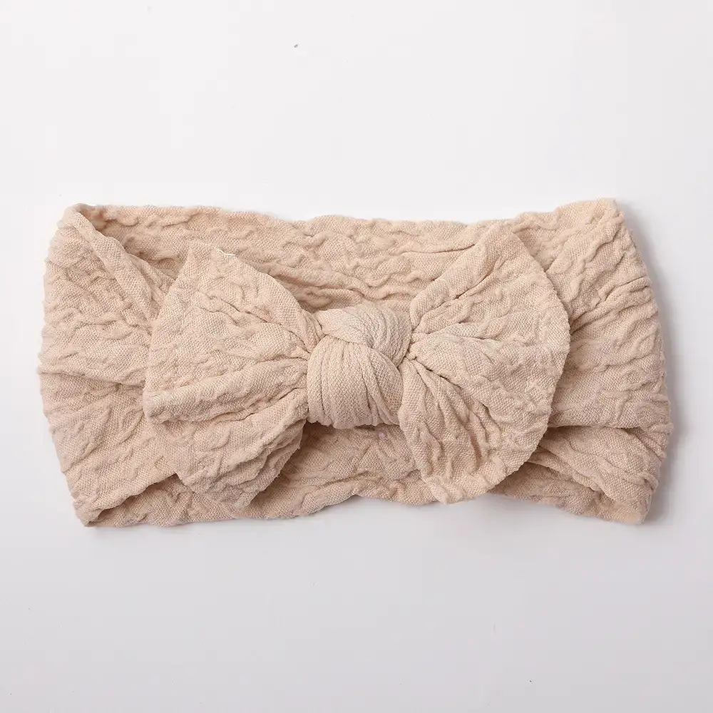 Beige Bow Baby Headband with Lace Trim