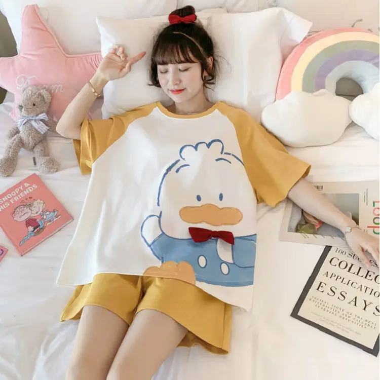 Women Cartoon Pajamas Set Pink White Loose Short Sleeve - Image 30