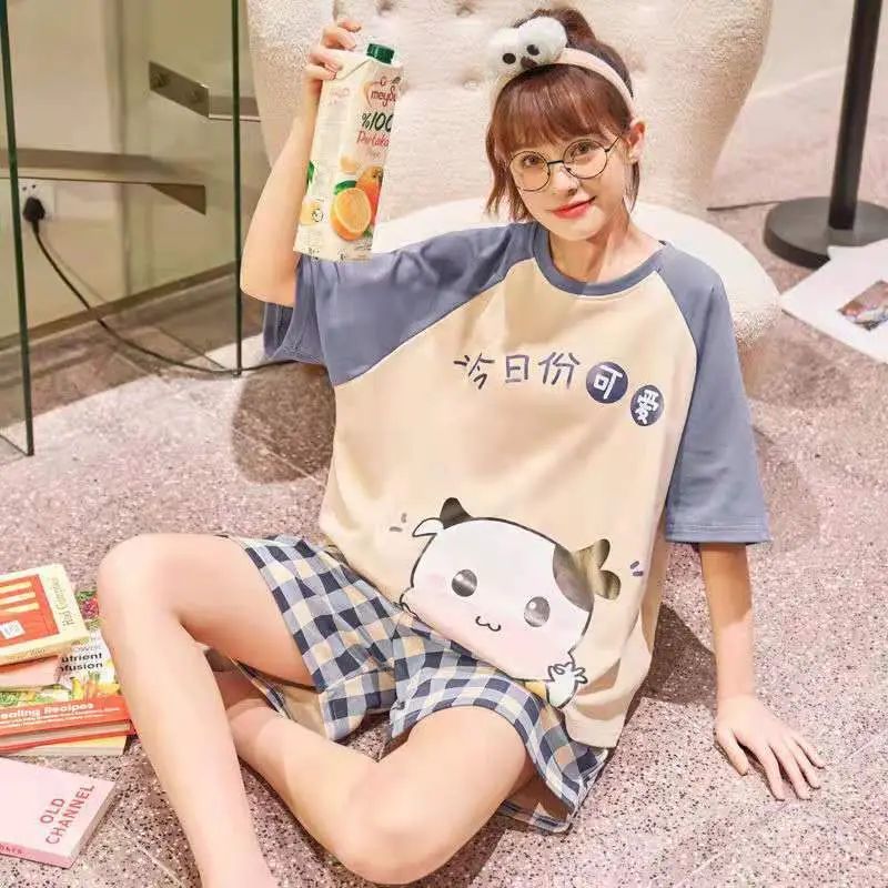 Women Cartoon Pajamas Set Pink White Loose Short Sleeve - Image 31