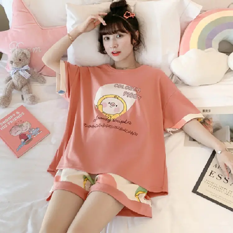 Women Cartoon Pajamas Set Pink White Loose Short Sleeve - Image 32