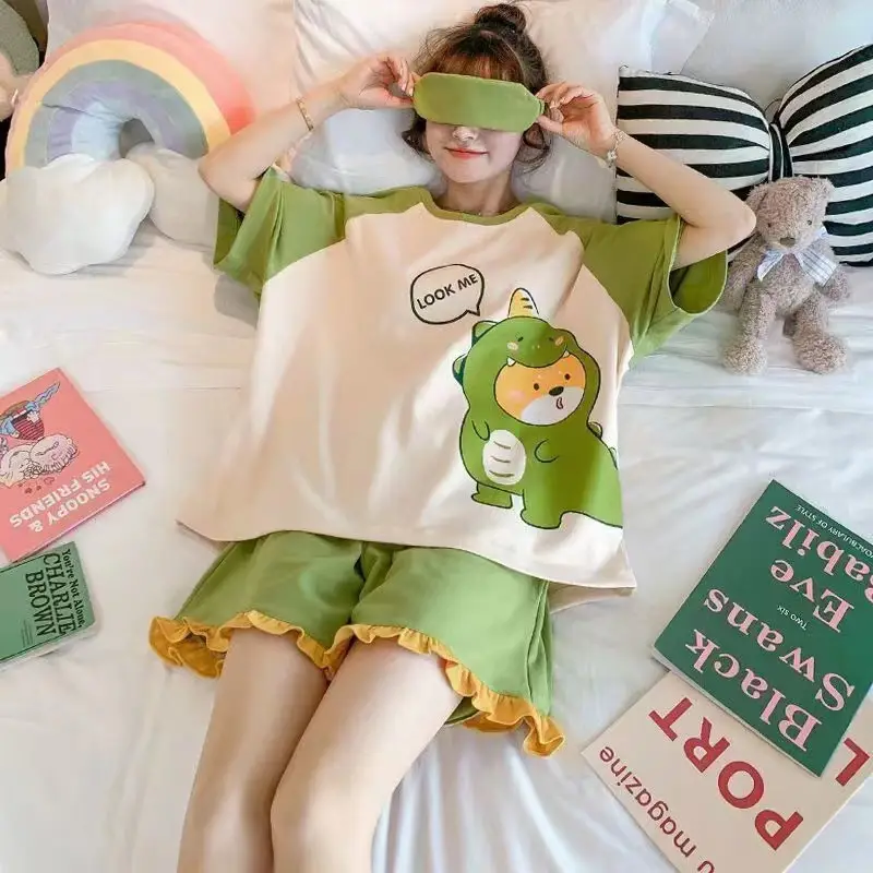 Women Cartoon Pajamas Set Pink White Loose Short Sleeve - Image 10