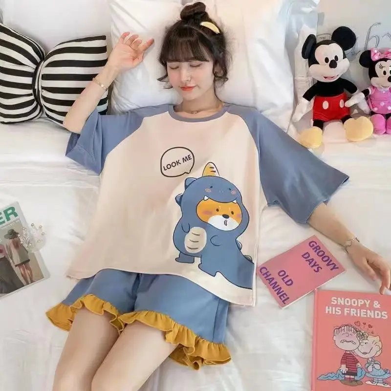Women Cartoon Pajamas Set Pink White Loose Short Sleeve - Image 11