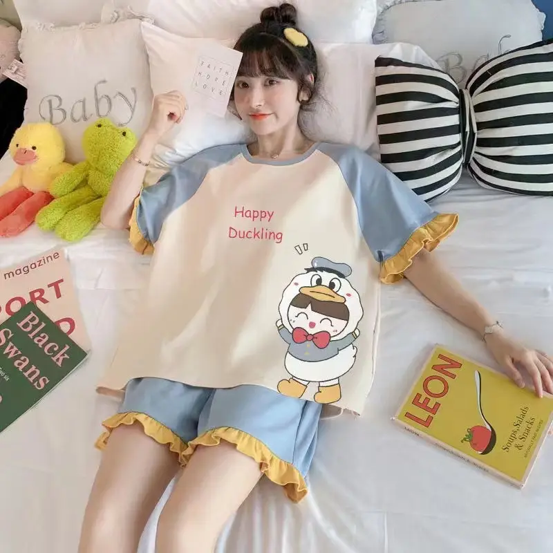 Women Cartoon Pajamas Set Pink White Loose Short Sleeve - Image 12