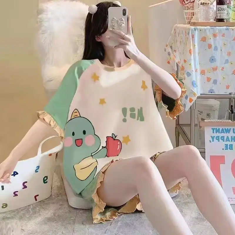 Women Cartoon Pajamas Set Pink White Loose Short Sleeve - Image 13