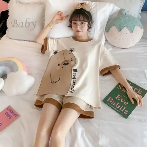 Women Cartoon Pajamas Set Pink White Loose Short Sleeve - Image 14